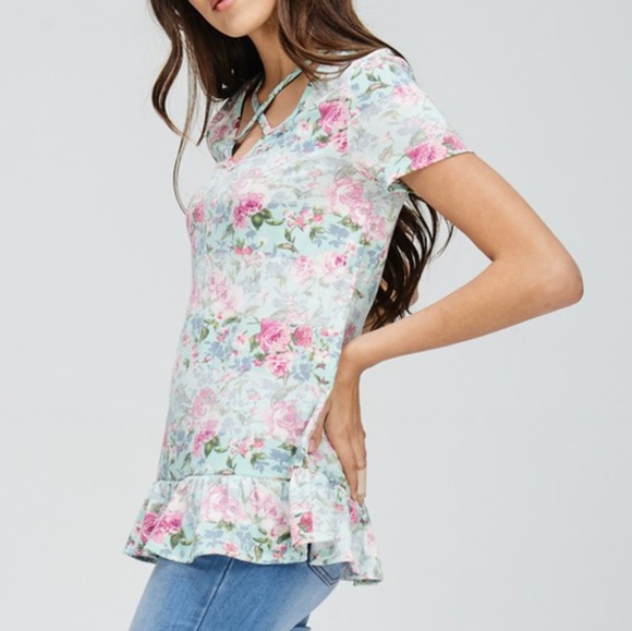 NWT Mint Floral Ruffle Top - Picture 2 of 5